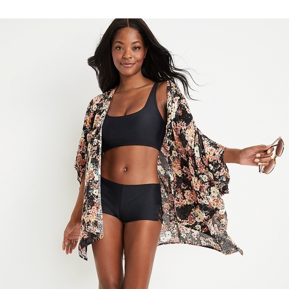 Maurices Black Floral Kimono Colorful Black One Size Shoulder Smocking Bohemiem